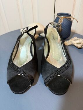 David Tate Black Satin Peep-Toe Slingback Heels with Crystal Trim 10.5 wide